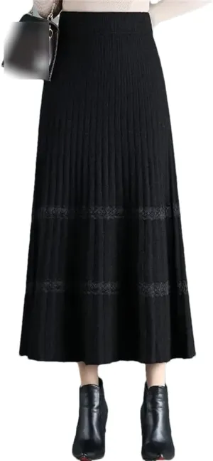 Fjnbbiot Thick Warm Women Pleated Skirts Elastic High Waist Knitted Sweater Skirts Autumn Winter Long A Line Midi Skirt
