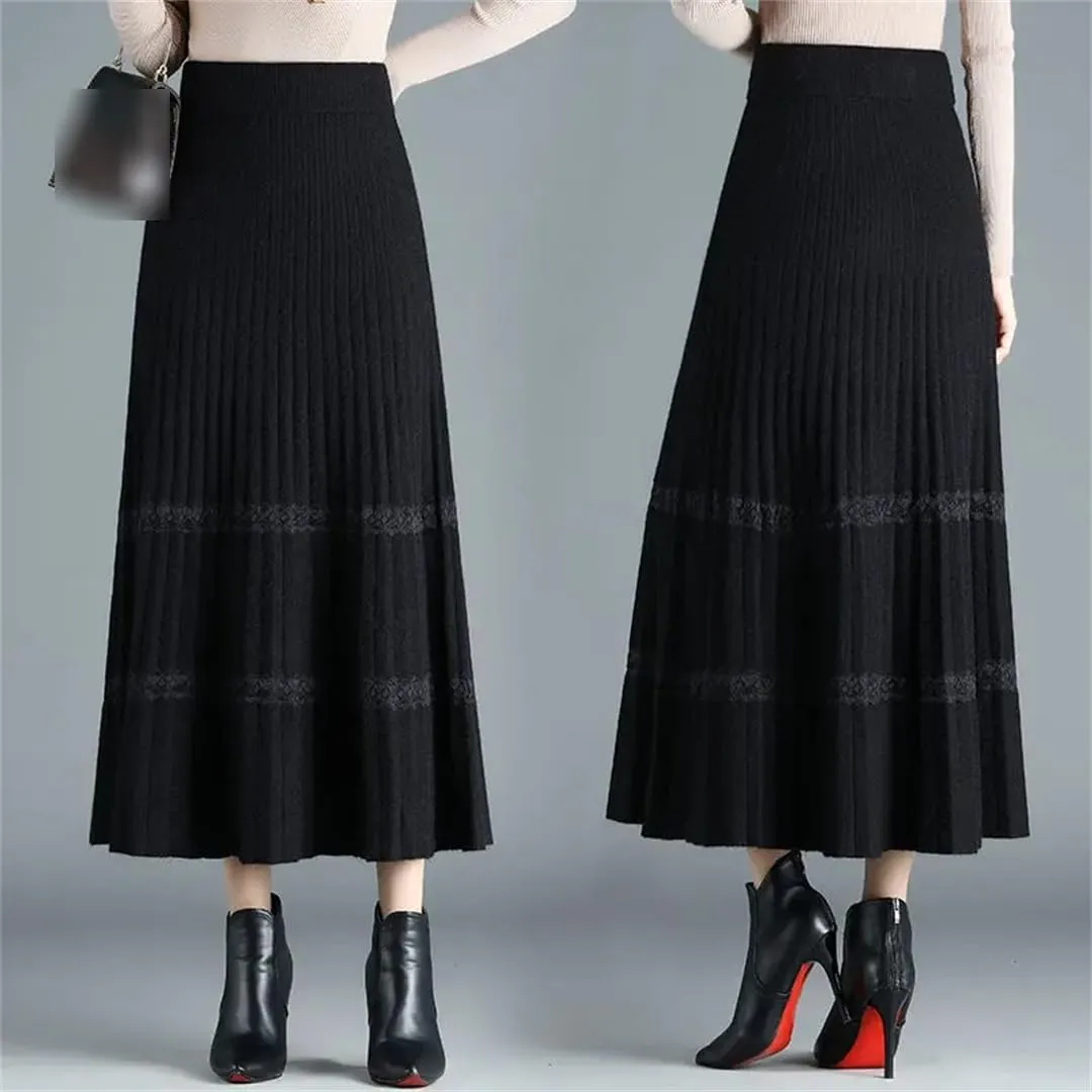 Fjnbbiot Thick Warm Women Pleated Skirts Elastic High Waist Knitted Sweater Skirts Autumn Winter Long A Line Midi Skirt