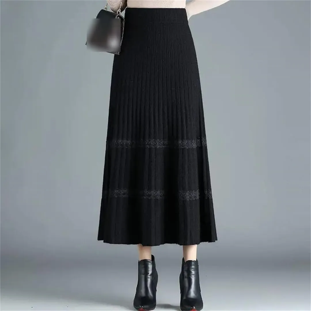 Fjnbbiot Thick Warm Women Pleated Skirts Elastic High Waist Knitted Sweater Skirts Autumn Winter Long A Line Midi Skirt
