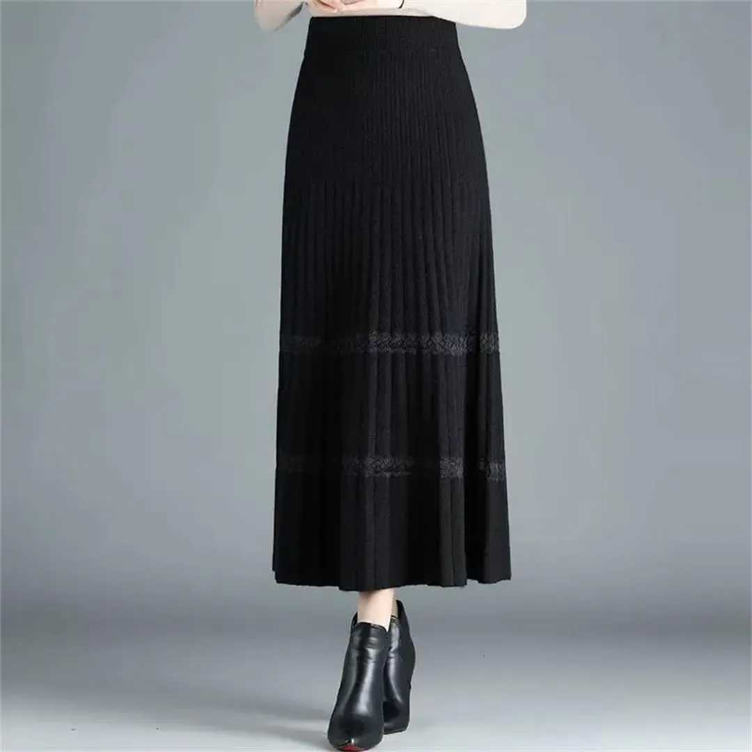 Fjnbbiot Thick Warm Women Pleated Skirts Elastic High Waist Knitted Sweater Skirts Autumn Winter Long A Line Midi Skirt