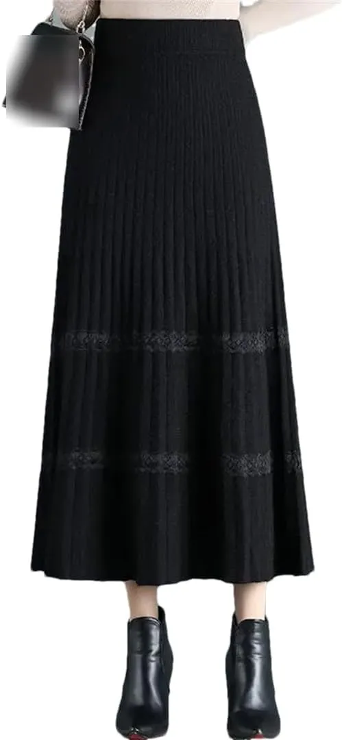 Fjnbbiot Thick Warm Women Pleated Skirts Elastic High Waist Knitted Sweater Skirts Autumn Winter Long A Line Midi Skirt