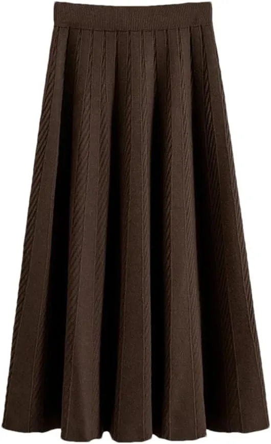 Fjnbbiot Women A Line Knitted Sweater Skirts Elastic High Waist Woman Midi Maxi Skirts Autumn Winter Female Pleated Skirts
