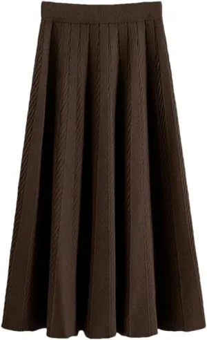 Fjnbbiot Women A Line Knitted Sweater Skirts Elastic High Waist Woman Midi Maxi Skirts Autumn Winter Female Pleated Skirts