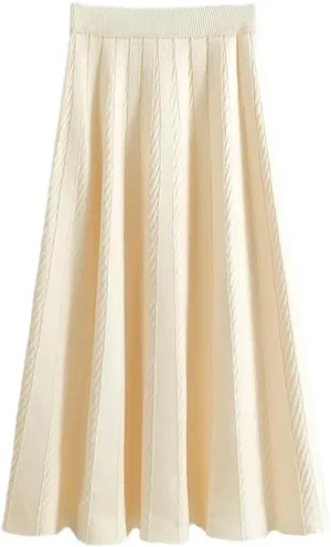 Fjnbbiot Women A Line Knitted Sweater Skirts Elastic High Waist Woman Midi Maxi Skirts Autumn Winter Female Pleated Skirts