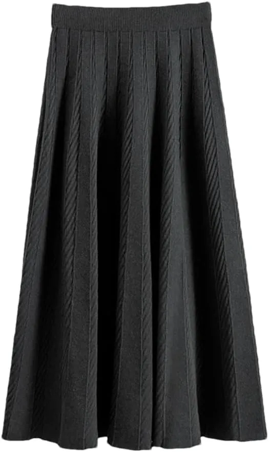 Fjnbbiot Women A Line Knitted Sweater Skirts Elastic High Waist Woman Midi Maxi Skirts Autumn Winter Female Pleated Skirts