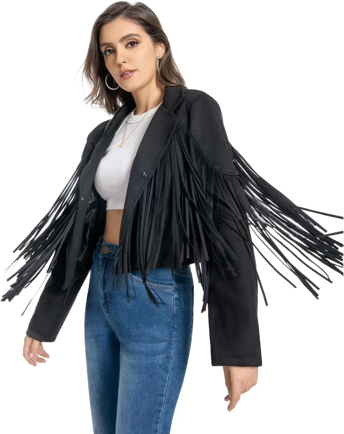 Fringe Jacket, Western Cowgirl Faux Suede Leather Jacket Tassel Crop Moto Top Country Concert Outfits for Women.