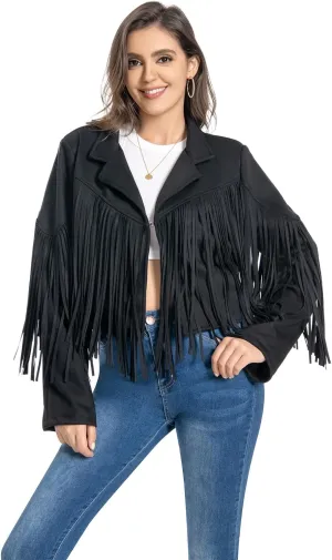 Fringe Jacket, Western Cowgirl Faux Suede Leather Jacket Tassel Crop Moto Top Country Concert Outfits for Women.