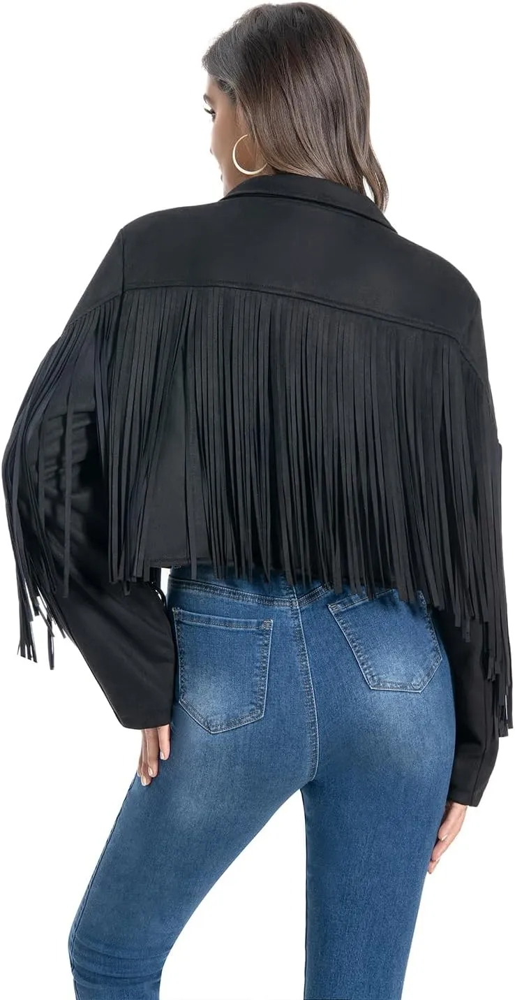 Fringe Jacket, Western Cowgirl Faux Suede Leather Jacket Tassel Crop Moto Top Country Concert Outfits for Women.