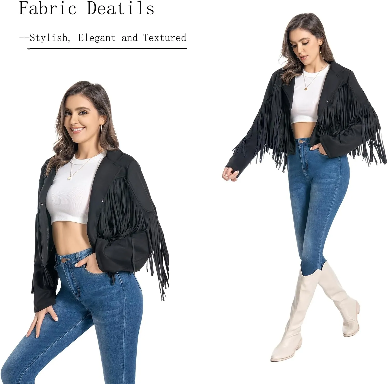 Fringe Jacket, Western Cowgirl Faux Suede Leather Jacket Tassel Crop Moto Top Country Concert Outfits for Women.
