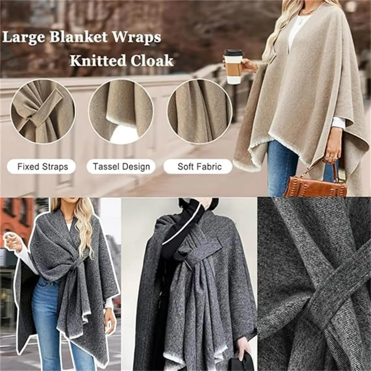 Front Wrap Cardigan Shawl Plus Size,Women's Open Front Versatile Shawls Warm Soft Cape,Knitted Poncho Cloak for Fall Winter