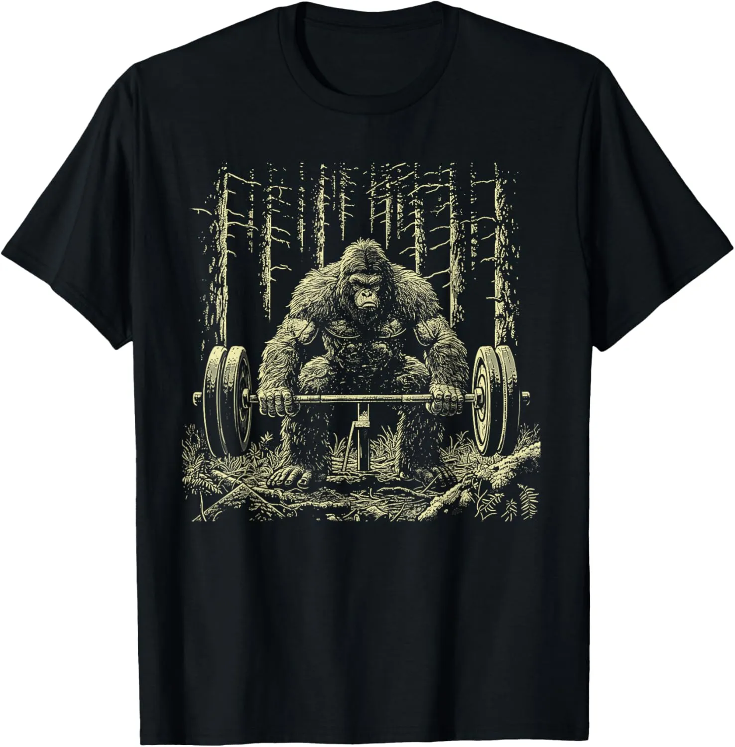 Funny Sasquatch Deadlifting Weights Gym Workout Graphic T-Shirt