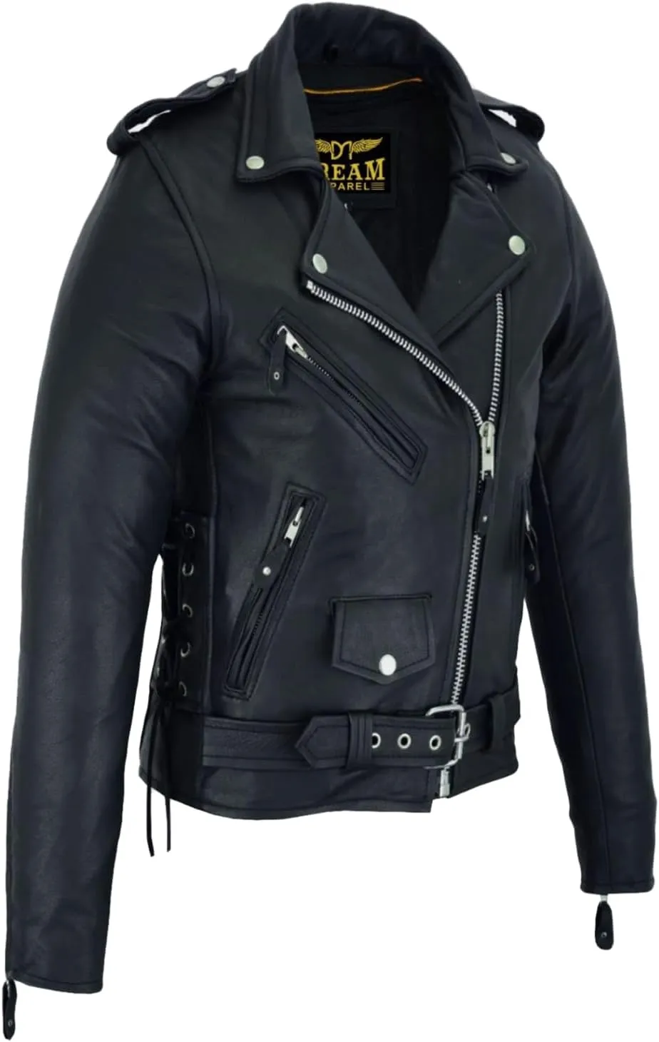 GARGOYLE BELLS Womens Motorcycle Jacket Classic Cowhide Leather Jacket with Lace Sided Leather Biker Coat for Women