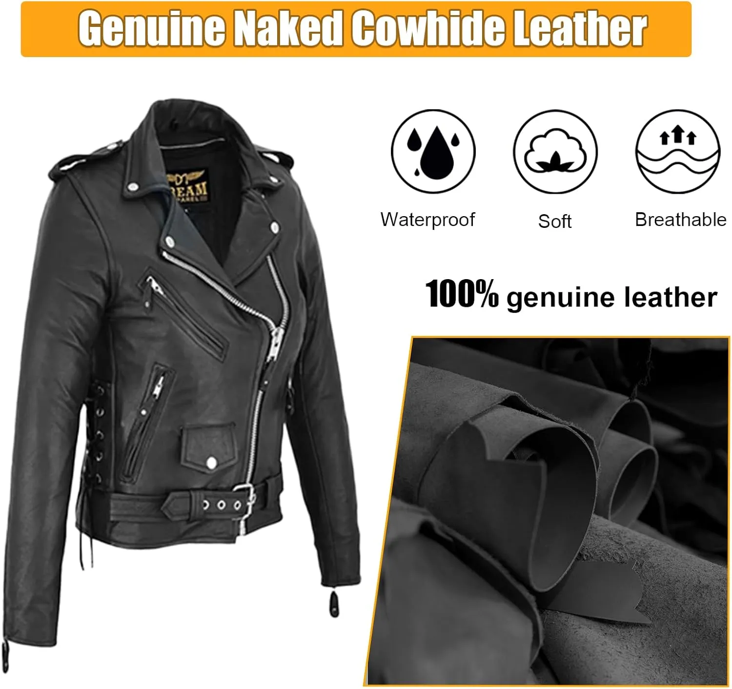 GARGOYLE BELLS Womens Motorcycle Jacket Classic Cowhide Leather Jacket with Lace Sided Leather Biker Coat for Women