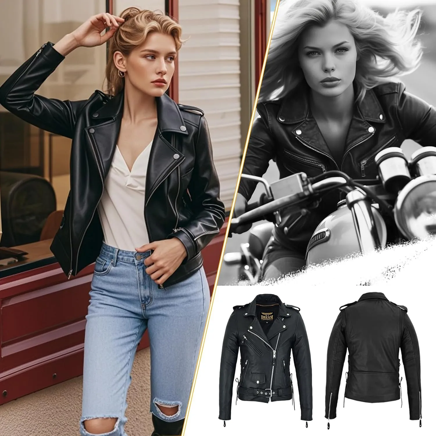 GARGOYLE BELLS Womens Motorcycle Jacket Classic Cowhide Leather Jacket with Lace Sided Leather Biker Coat for Women