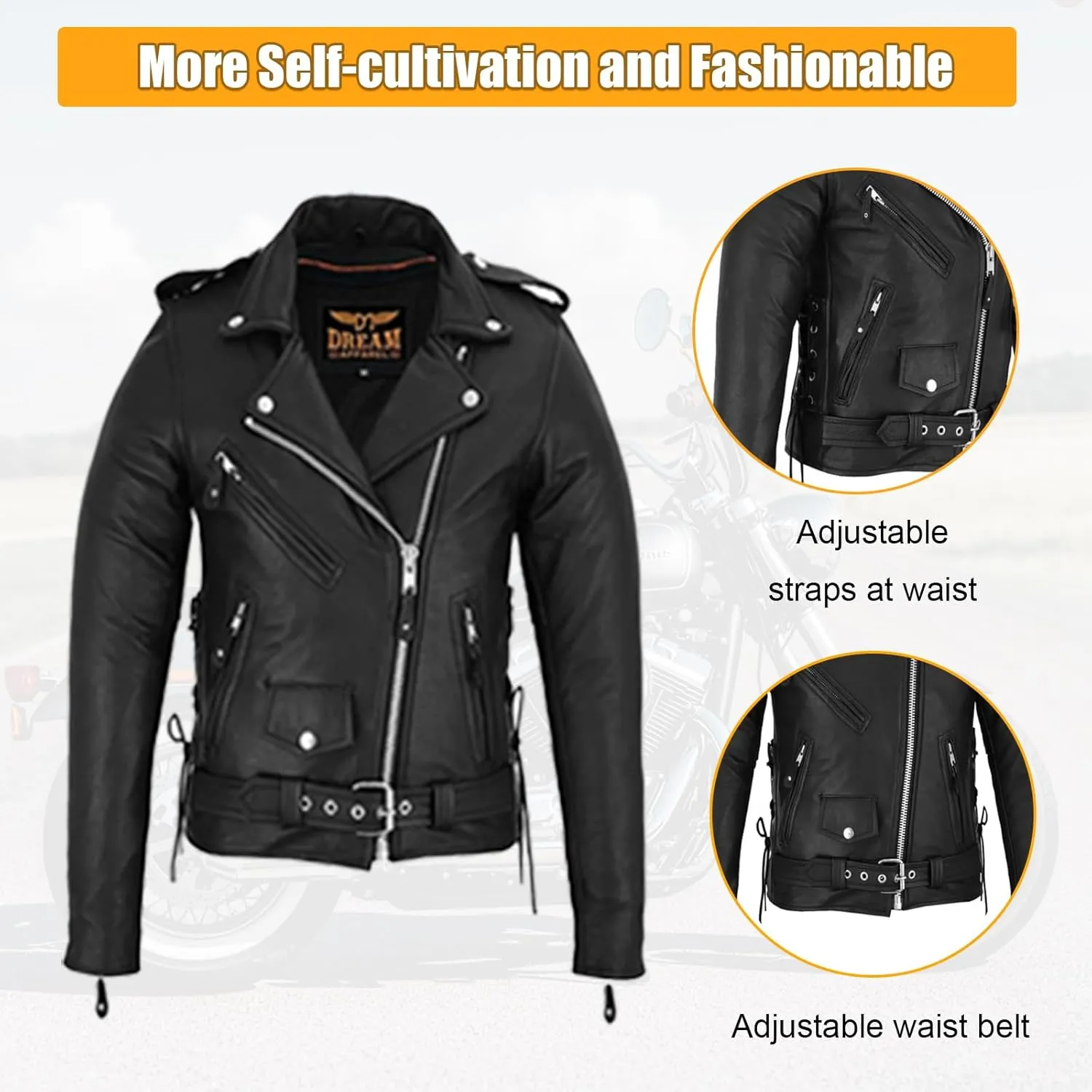 GARGOYLE BELLS Womens Motorcycle Jacket Classic Cowhide Leather Jacket with Lace Sided Leather Biker Coat for Women