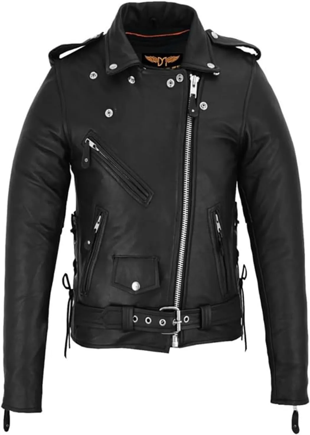 GARGOYLE BELLS Womens Motorcycle Jacket Classic Cowhide Leather Jacket with Lace Sided Leather Biker Coat for Women