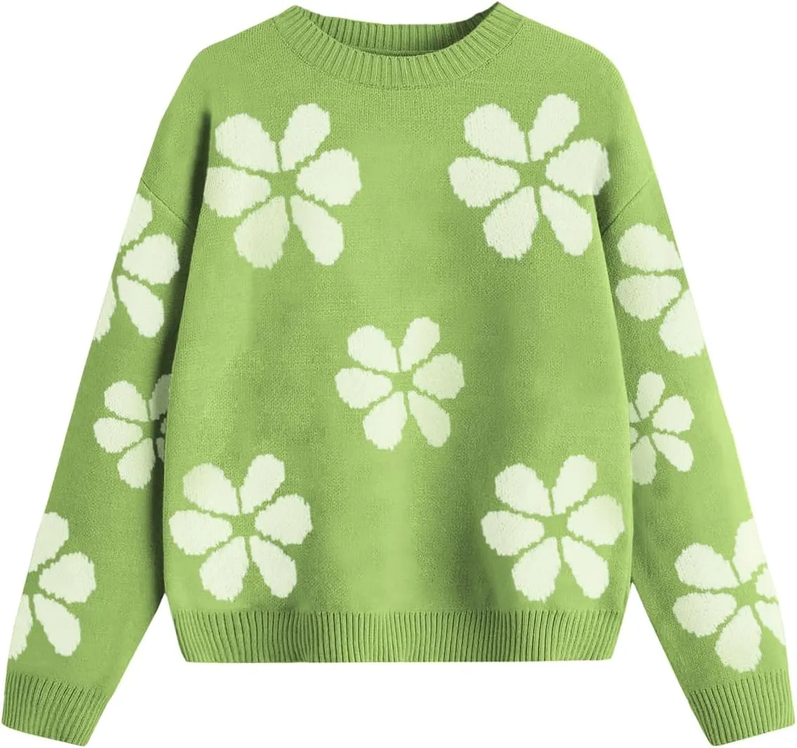 Girls Fall Sweaters Pattern Casual Crewneck Long Sleeve Knit Pullover Tops for Kids Size 5-14 Years