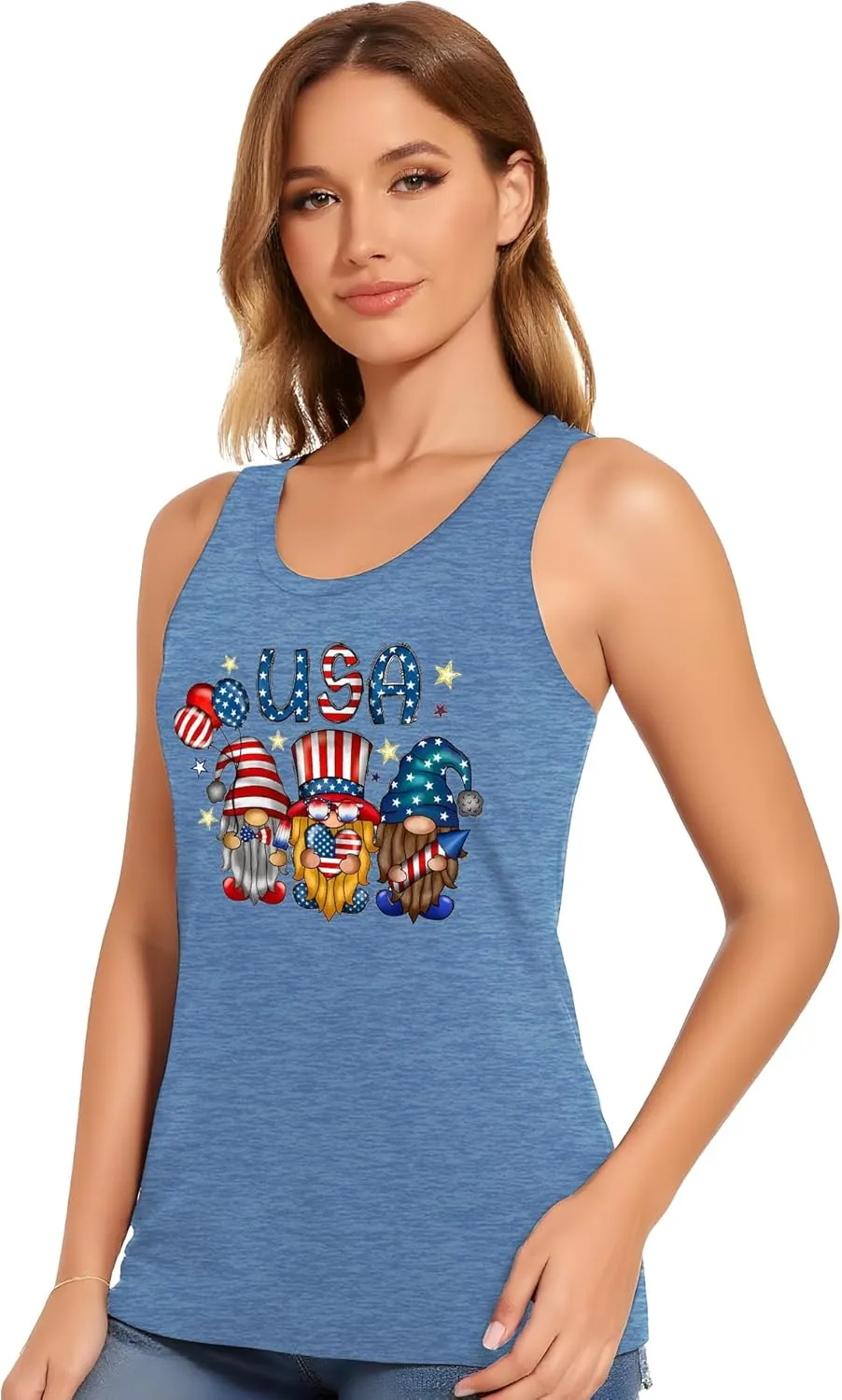 Gnome 4th of July Tank Top Women Patriotic USA Flag Shirt American Flag Sleeveless Tee