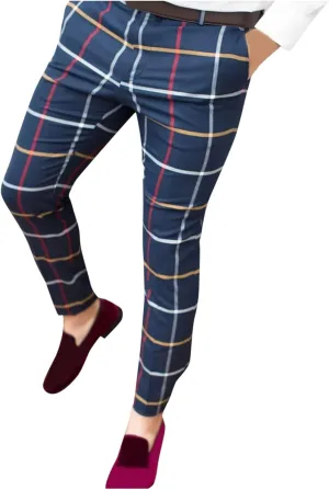 GOKKILRW Chinos for Men Casual Slim Fit Dress Pants Plaid Stretch Flat-Front Skinny Pants Business Work Pencil Lounge Pants