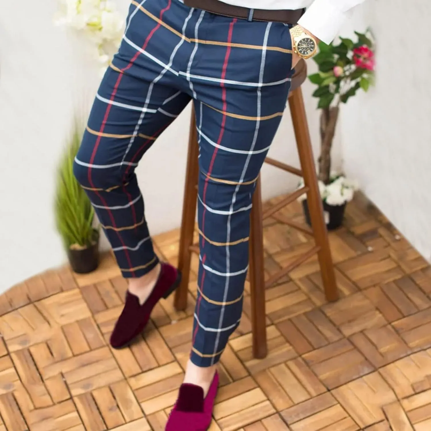 GOKKILRW Chinos for Men Casual Slim Fit Dress Pants Plaid Stretch Flat-Front Skinny Pants Business Work Pencil Lounge Pants
