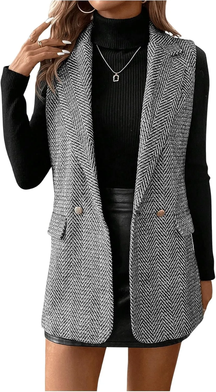 GORGLITTER Women's Sleeveless Long Blazer Vest Jacket Breasted Open Front Tweed Longline Cardigan