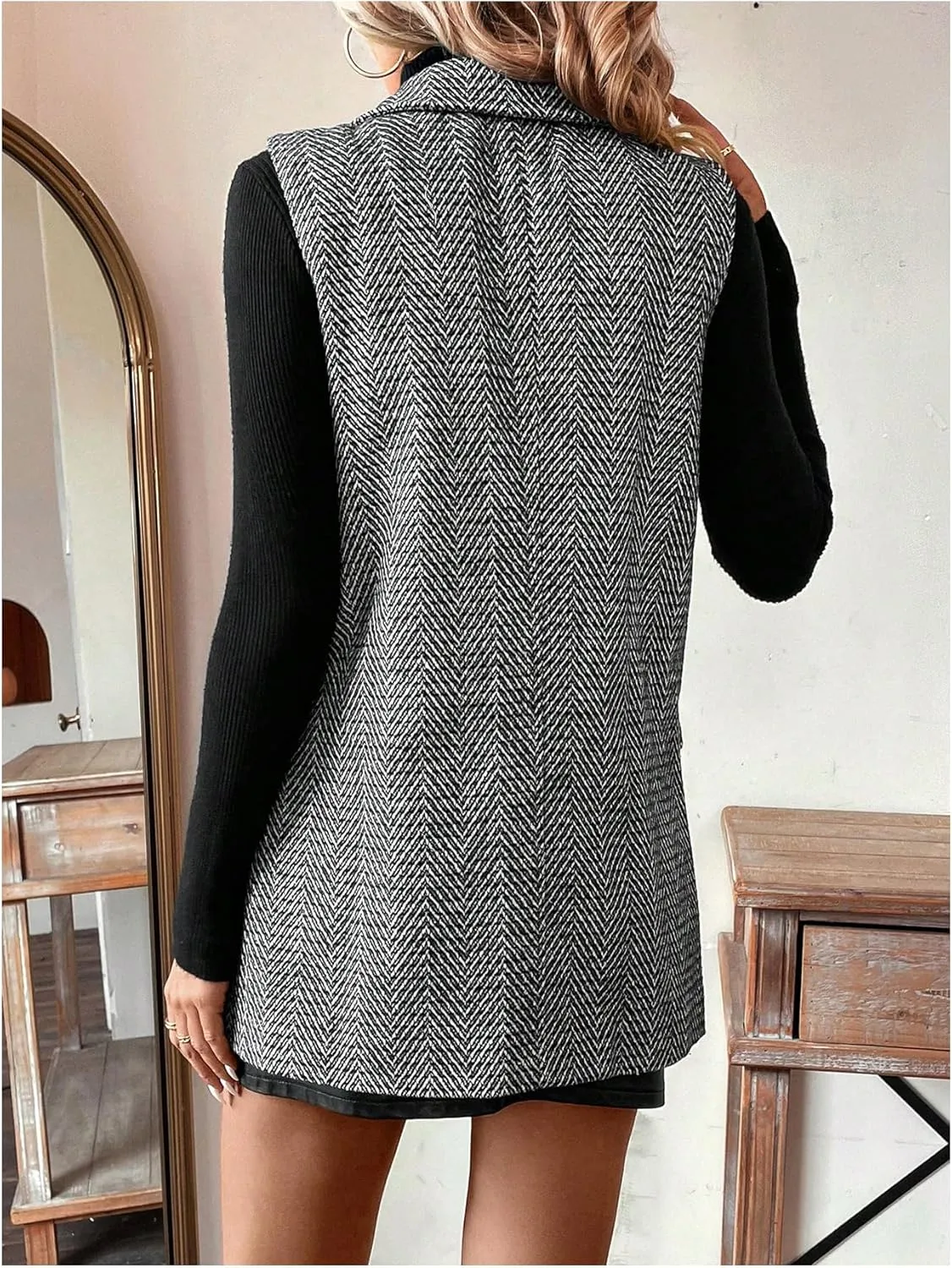GORGLITTER Women's Sleeveless Long Blazer Vest Jacket Breasted Open Front Tweed Longline Cardigan