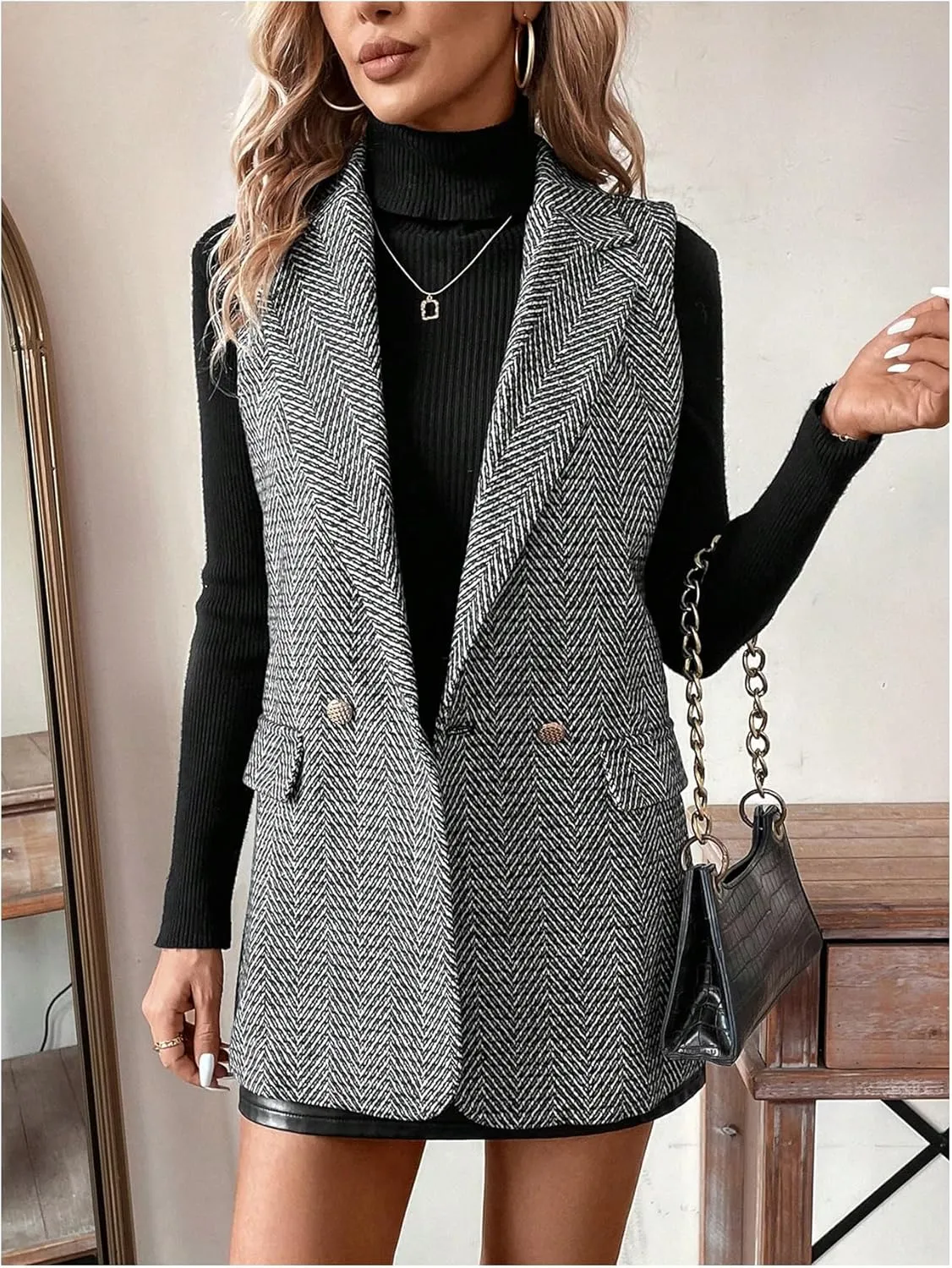 GORGLITTER Women's Sleeveless Long Blazer Vest Jacket Breasted Open Front Tweed Longline Cardigan