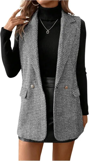 GORGLITTER Women's Sleeveless Long Blazer Vest Jacket Breasted Open Front Tweed Longline Cardigan