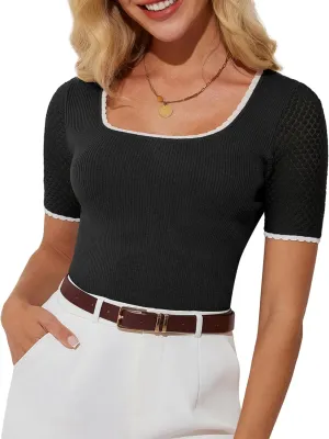 GRACE KARIN Womens Summer Sweater Tops Short Sleeve 2025 Square Neck Color Block Slim Fit Ribbed Knit Basic Tee Tops