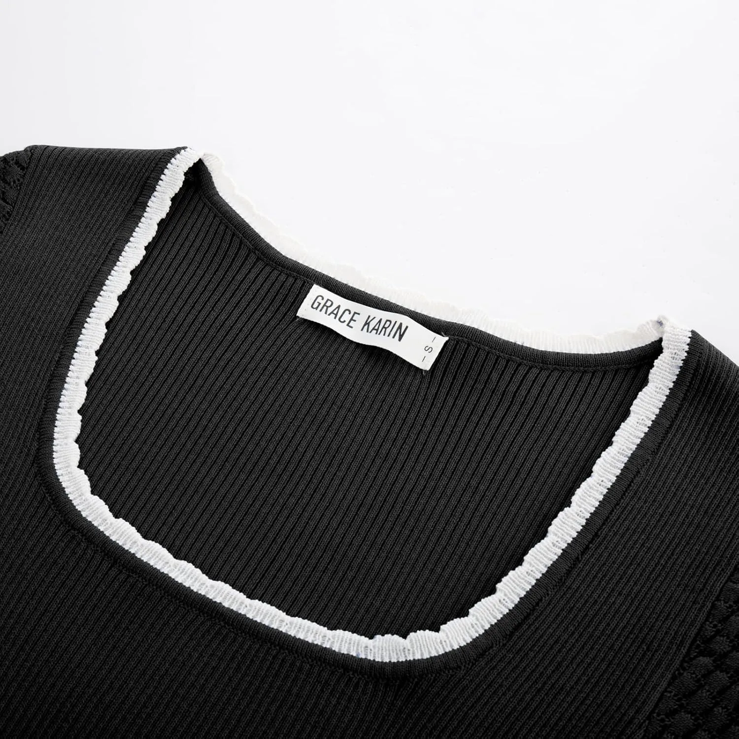 GRACE KARIN Womens Summer Sweater Tops Short Sleeve 2025 Square Neck Color Block Slim Fit Ribbed Knit Basic Tee Tops