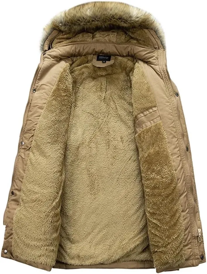 Haitpant Mens Winter Long Parkas Fleece Liner Hooded Jacket Thick Windbreaker Multi Pockets Cotton Padded Warm Coats