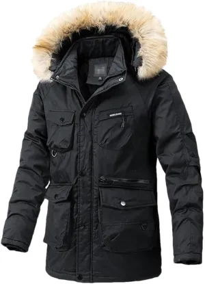 Haitpant Mens Winter Long Parkas Fleece Liner Hooded Jacket Thick Windbreaker Multi Pockets Cotton Padded Warm Coats