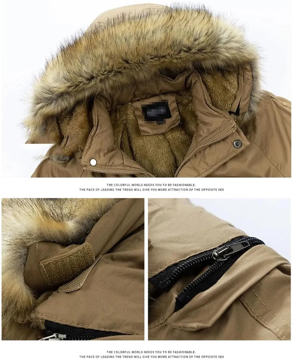 Haitpant Mens Winter Long Parkas Fleece Liner Hooded Jacket Thick Windbreaker Multi Pockets Cotton Padded Warm Coats
