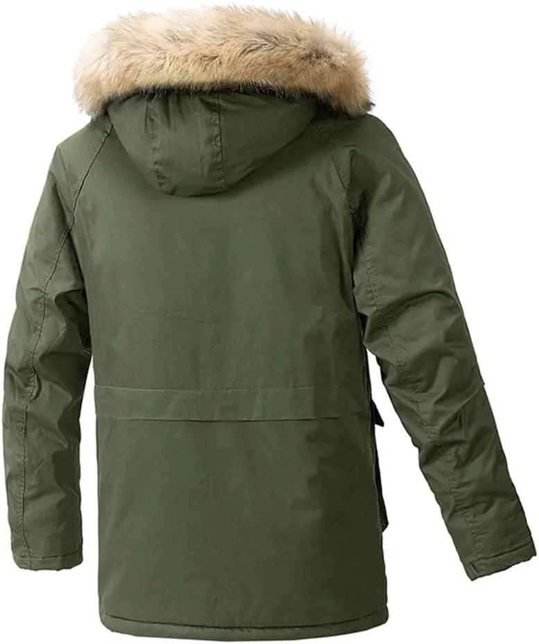 Haitpant Mens Winter Long Parkas Fleece Liner Hooded Jacket Thick Windbreaker Multi Pockets Cotton Padded Warm Coats