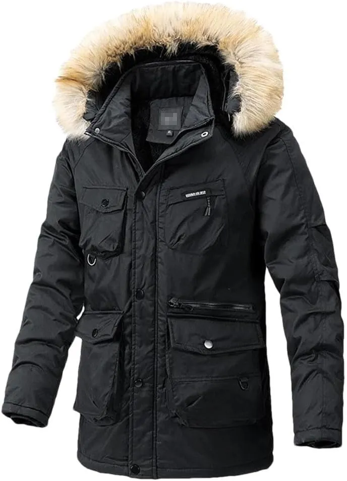 Haitpant Mens Winter Long Parkas Fleece Liner Hooded Jacket Thick Windbreaker Multi Pockets Cotton Padded Warm Coats