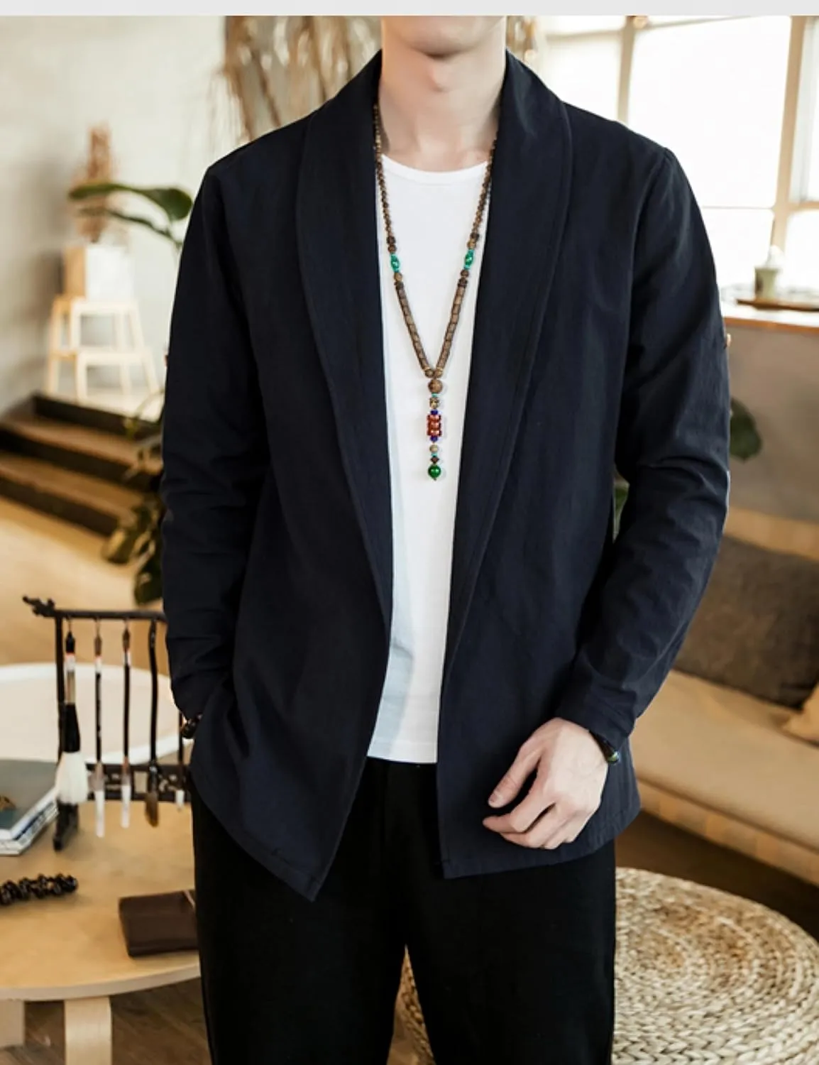 HangNiFang Mens Casual Blazer Sport Coat Cardigan Cotton Linen Open Front Outwear Jacket