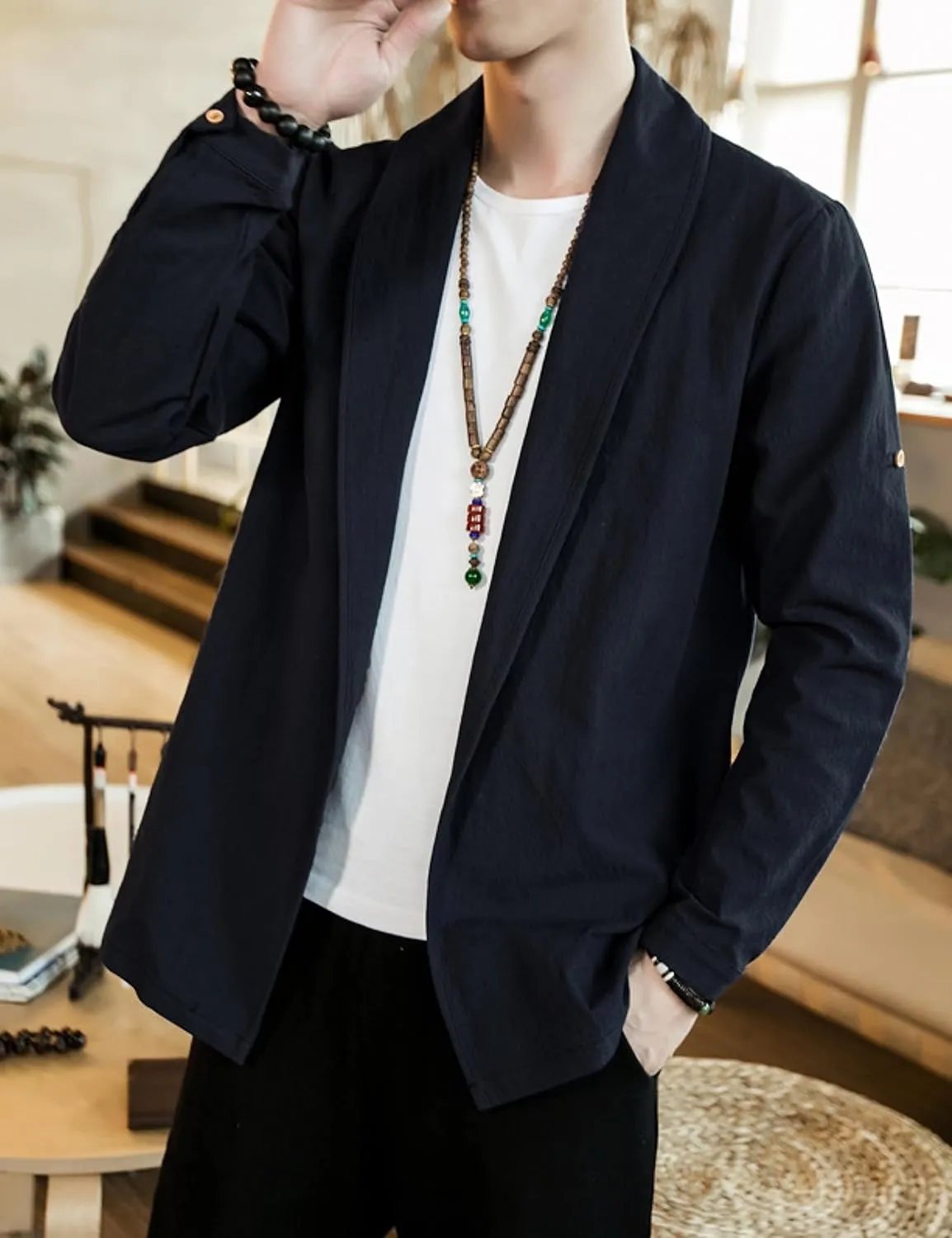 HangNiFang Mens Casual Blazer Sport Coat Cardigan Cotton Linen Open Front Outwear Jacket