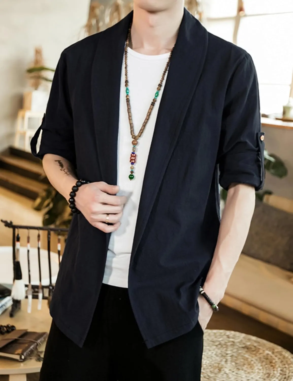 HangNiFang Mens Casual Blazer Sport Coat Cardigan Cotton Linen Open Front Outwear Jacket