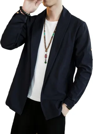 HangNiFang Mens Casual Blazer Sport Coat Cardigan Cotton Linen Open Front Outwear Jacket