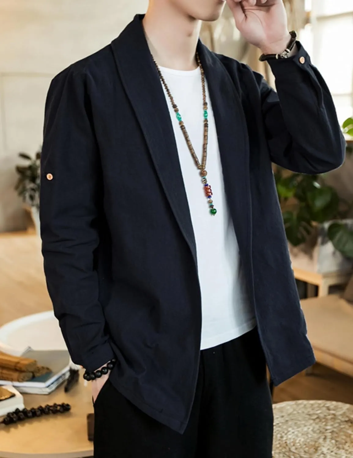 HangNiFang Mens Casual Blazer Sport Coat Cardigan Cotton Linen Open Front Outwear Jacket