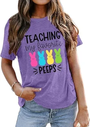 Happy Easter Shirt Funny Teaching My Favorite Peeps Rabbit Graphic Easter Tshirt Christian Inspirational Tops
