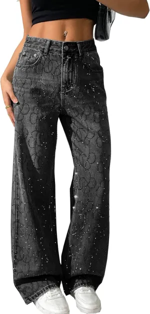 heipeiwa Women's Rhinestone Jeans Wide Leg Baggy Denim Pants High Waist Sparkle Shiny Sequin Trouser