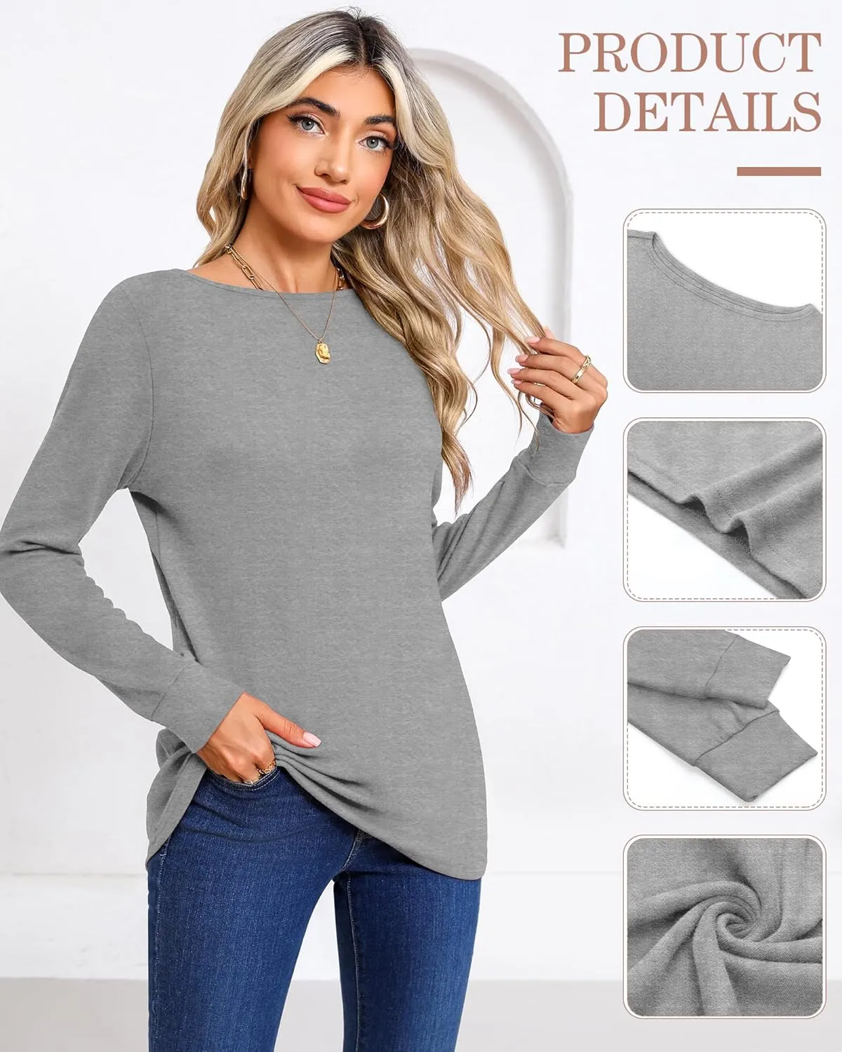 Huukeay 3 Pack Women's Long Sleeve Shirts Cotton Boat Neck Tee Basic Casual Tunic Top Loose Fit Outfits Clothes with Leggings