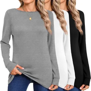 Huukeay 3 Pack Women's Long Sleeve Shirts Cotton Boat Neck Tee Basic Casual Tunic Top Loose Fit Outfits Clothes with Leggings