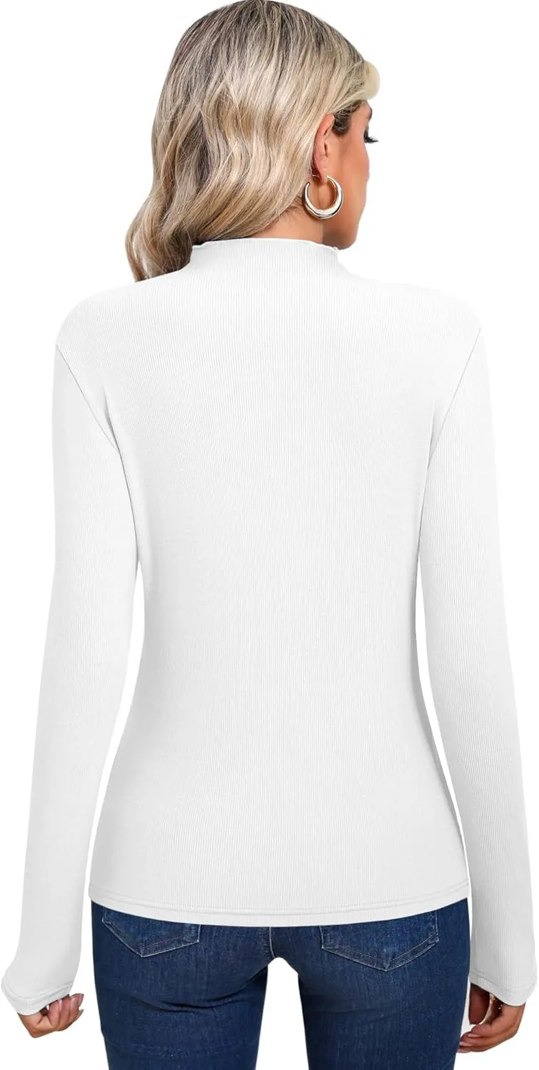 Huukeay 3 Pack Women's Ribbed Mock Turtleneck Tops Long Sleeve Lettuce Trim Neck T Shirts Slim Fit Basic Undershirt Tee