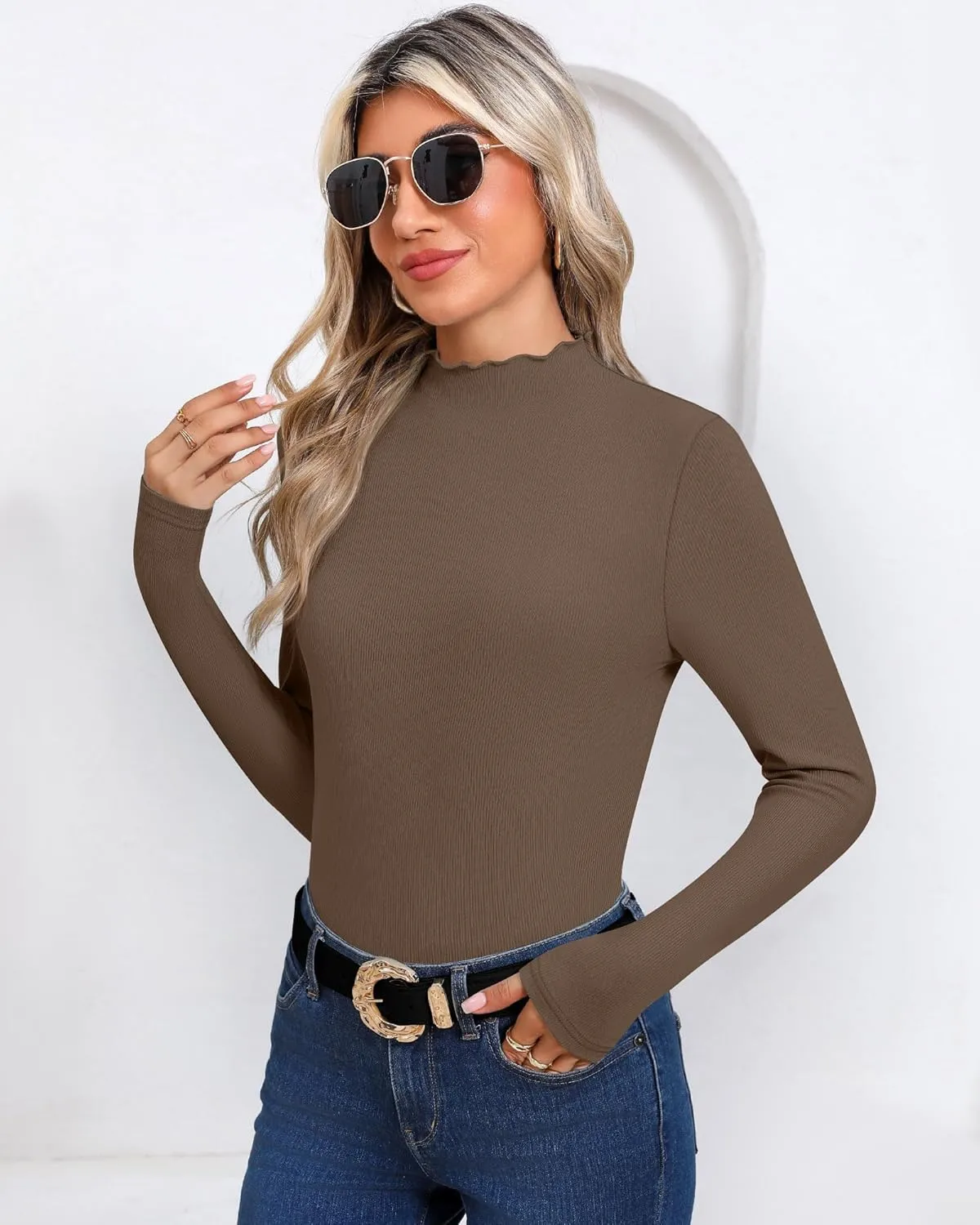 Huukeay 3 Pack Women's Ribbed Mock Turtleneck Tops Long Sleeve Lettuce Trim Neck T Shirts Slim Fit Basic Undershirt Tee