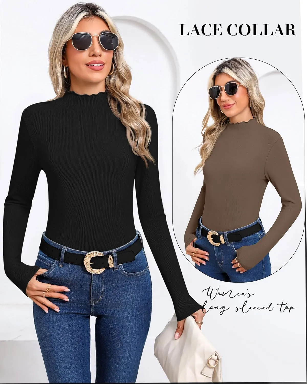 Huukeay 3 Pack Women's Ribbed Mock Turtleneck Tops Long Sleeve Lettuce Trim Neck T Shirts Slim Fit Basic Undershirt Tee