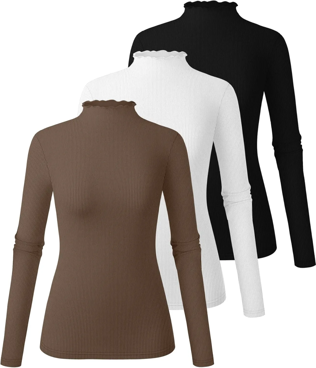 Huukeay 3 Pack Women's Ribbed Mock Turtleneck Tops Long Sleeve Lettuce Trim Neck T Shirts Slim Fit Basic Undershirt Tee
