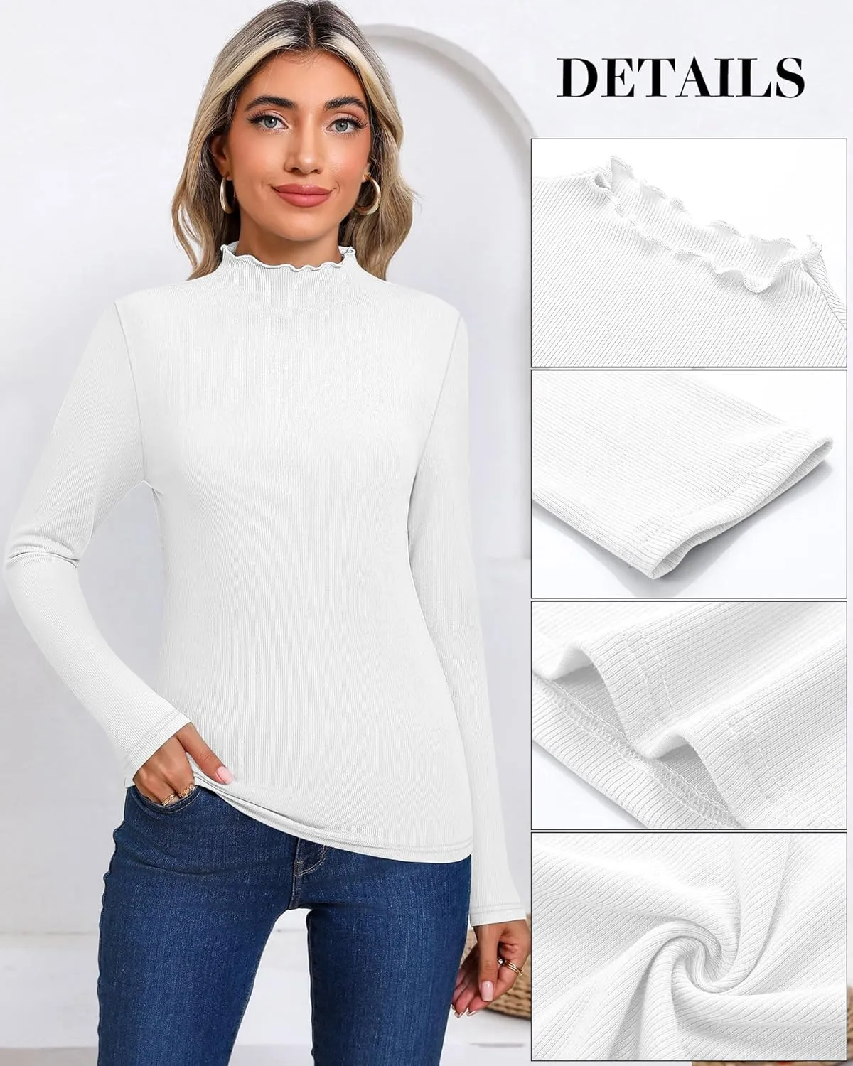 Huukeay 3 Pack Women's Ribbed Mock Turtleneck Tops Long Sleeve Lettuce Trim Neck T Shirts Slim Fit Basic Undershirt Tee