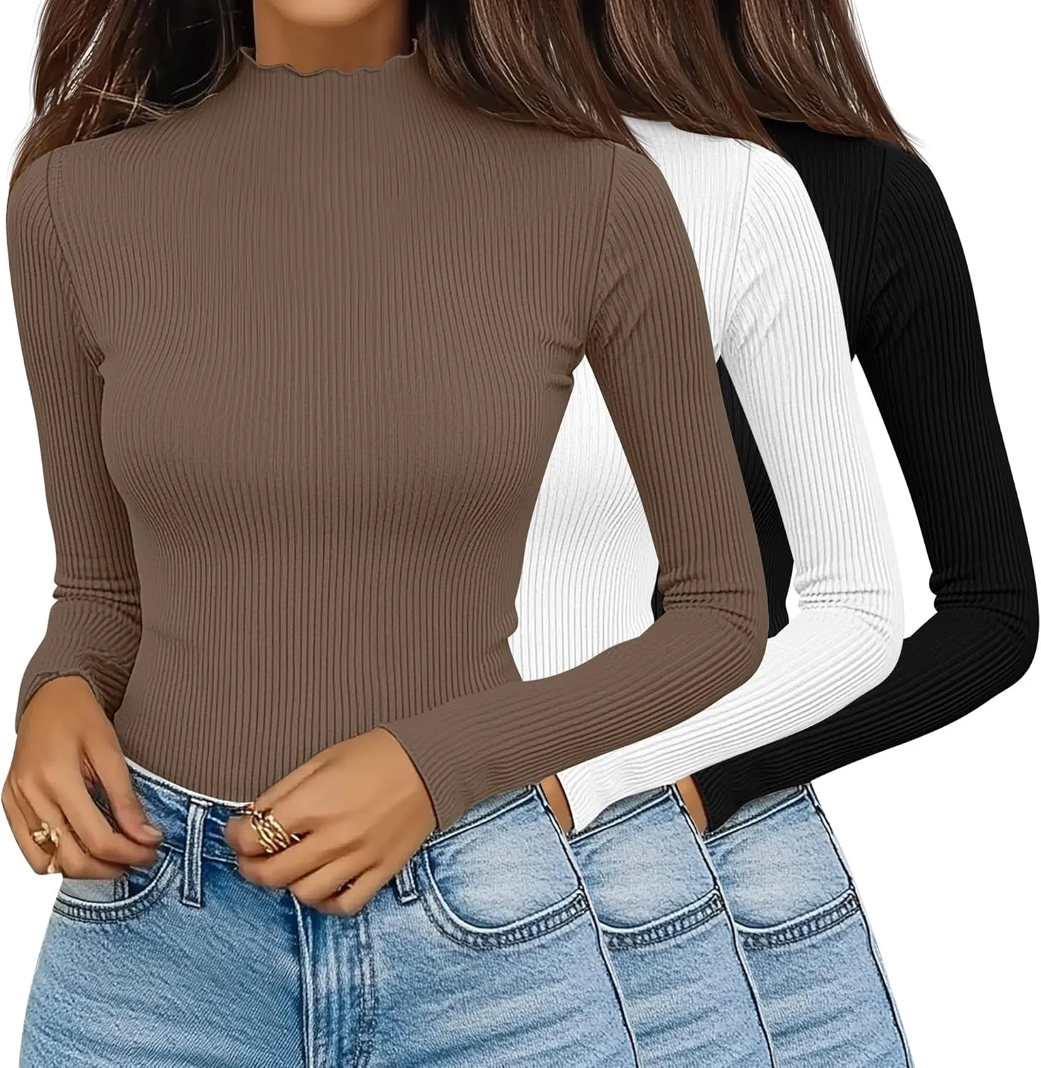 Huukeay 3 Pack Women's Ribbed Mock Turtleneck Tops Long Sleeve Lettuce Trim Neck T Shirts Slim Fit Basic Undershirt Tee